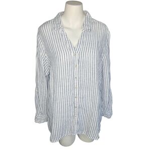 Tahari Linen Blue/White Striped Button Down Shirt Sz 1X Coastal Euro Summer